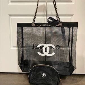 Chanel gift mesh tote and cosmetic bag